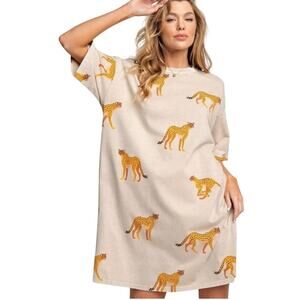 Easel Cheetah Print Mineral Washed T-Shirt Dress Size M Mustard Oversized Comfy